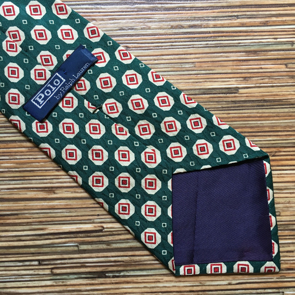 Polo by Ralph Lauren Tie Green Cream Red 100% Silk - Picture 2 of 8